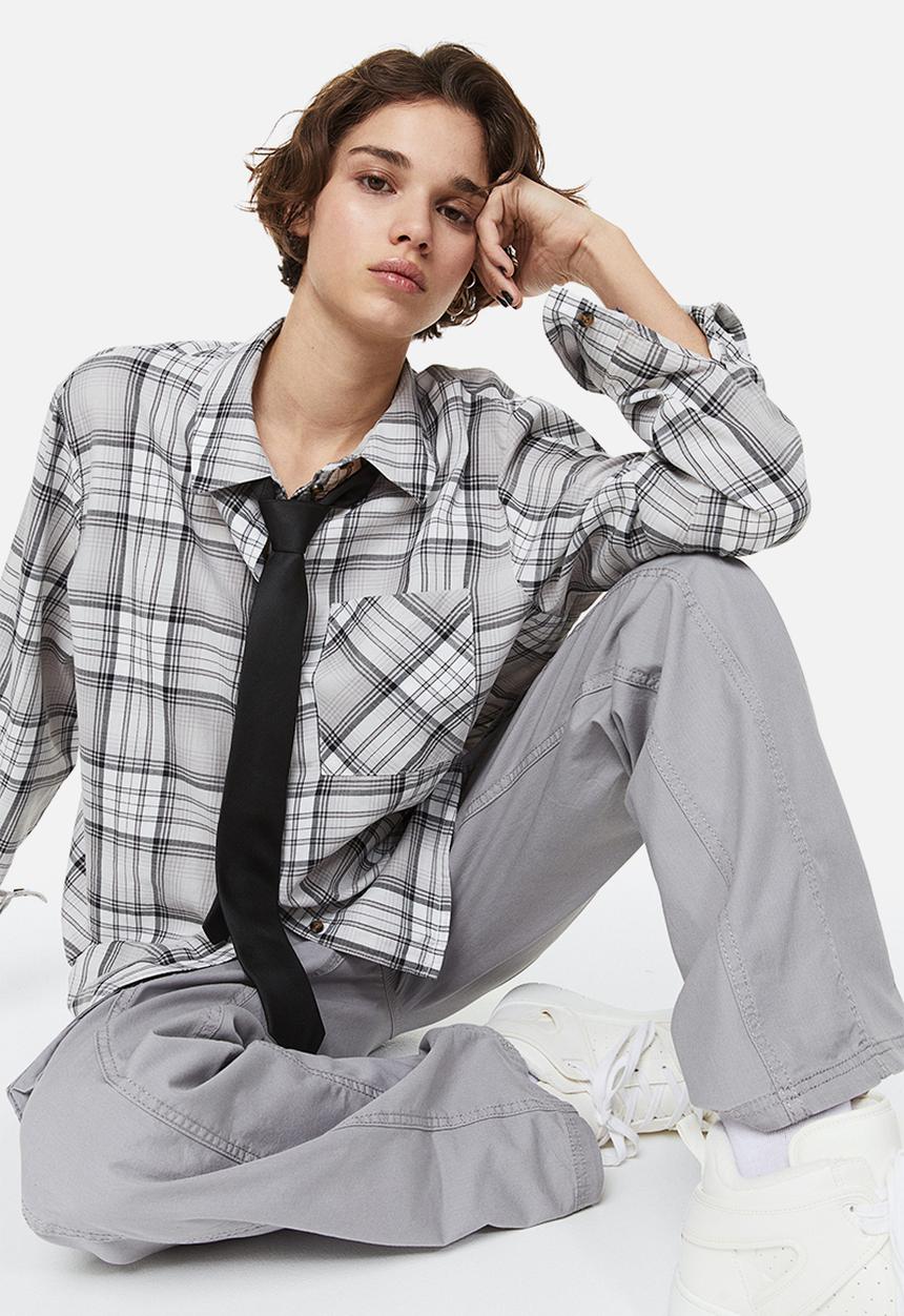 H&M - Cotton twill overshirt - light grey/checked 