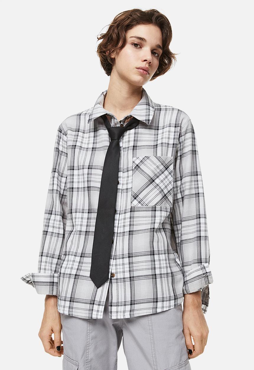 H&M - Cotton twill overshirt - light grey/checked 