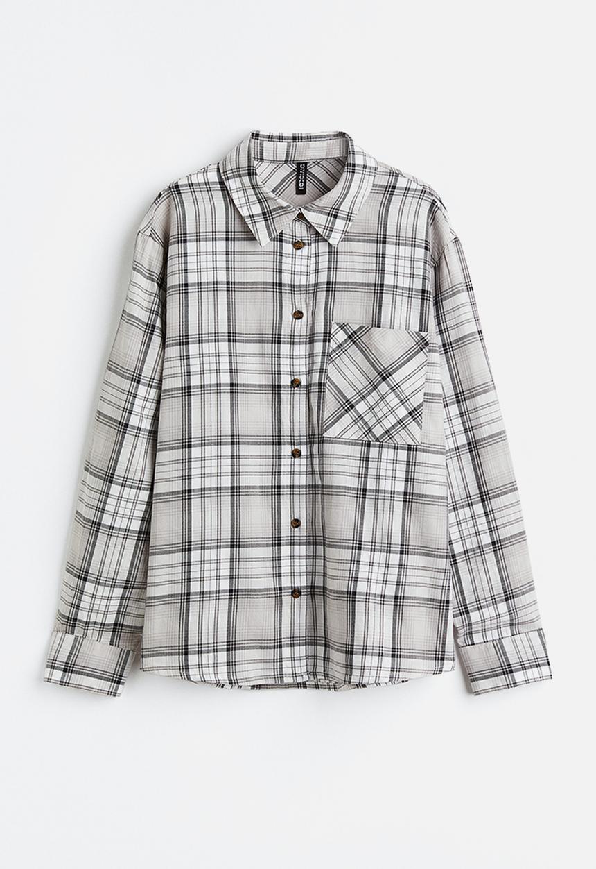 H&M - Cotton twill overshirt - light grey/checked 