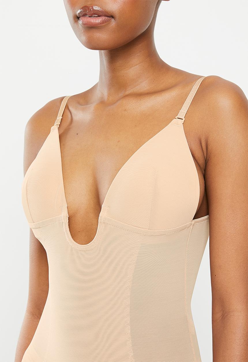 Low back thong shaper bodysuit plunge neckline - neutral