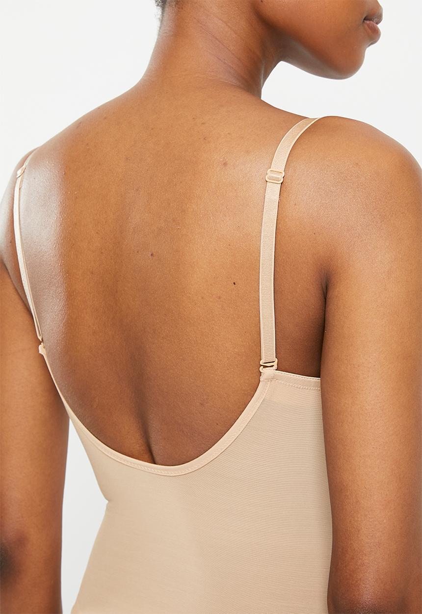 Low back thong shaper bodysuit plunge neckline - neutral