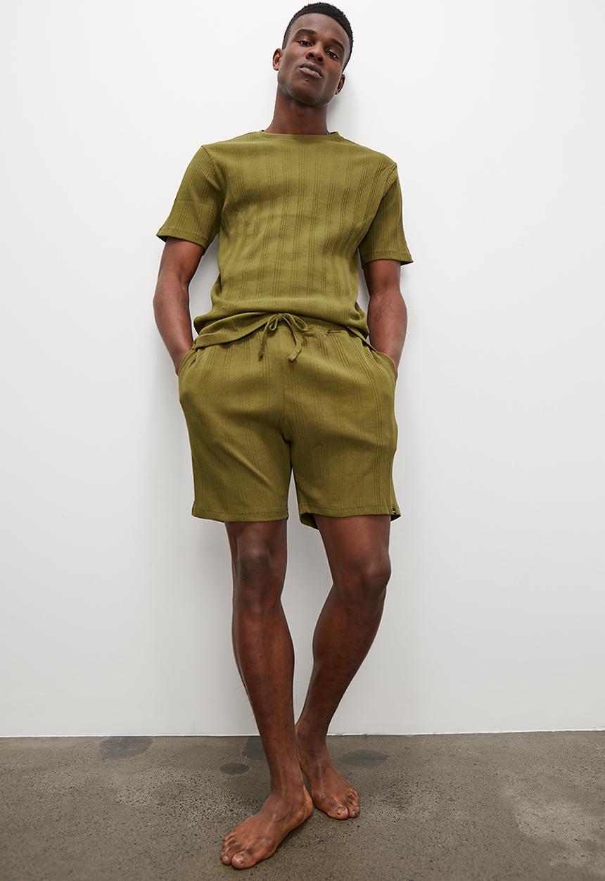 Superbalist - Knitted regular rib short & tee sleep set - olive
