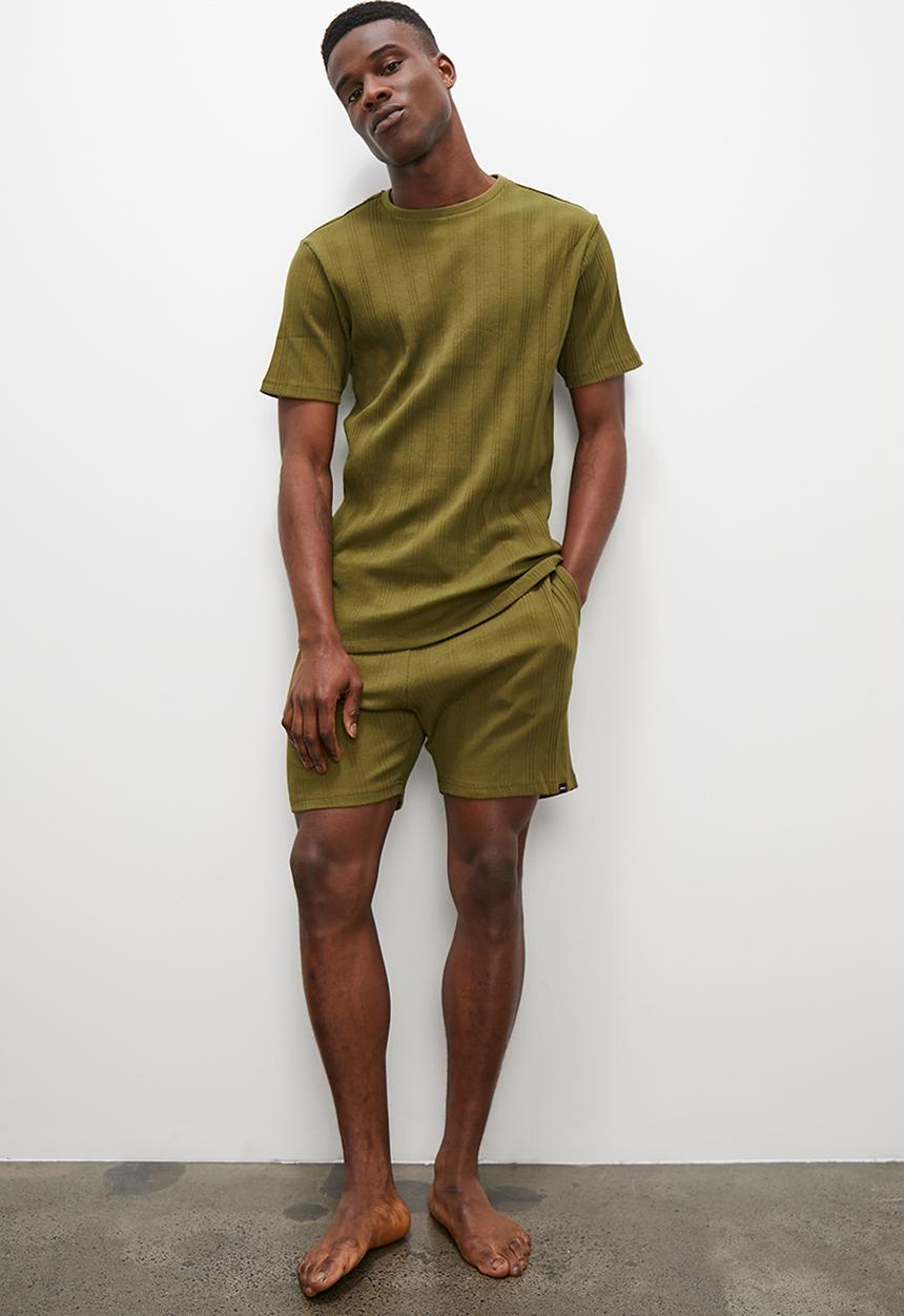 Superbalist - Knitted regular rib short & tee sleep set - olive