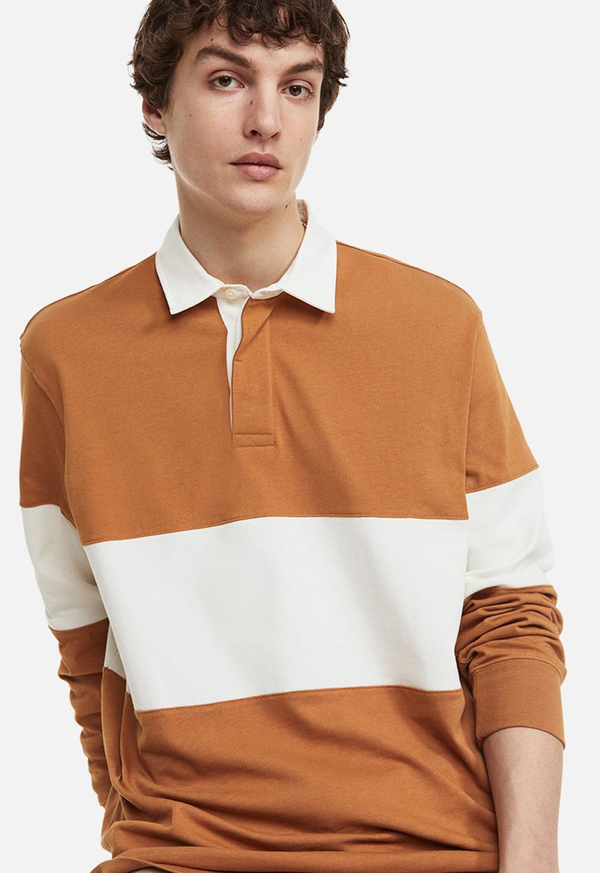 H&M - Relaxed fit rugby shirt - dark beige/block-striped 