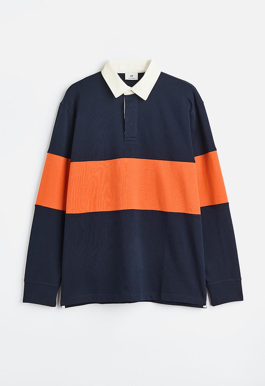 H&M - Relaxed fit rugby shirt - dark blue/block-striped 