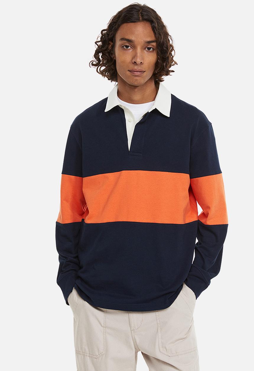 H&M - Relaxed fit rugby shirt - dark blue/block-striped 