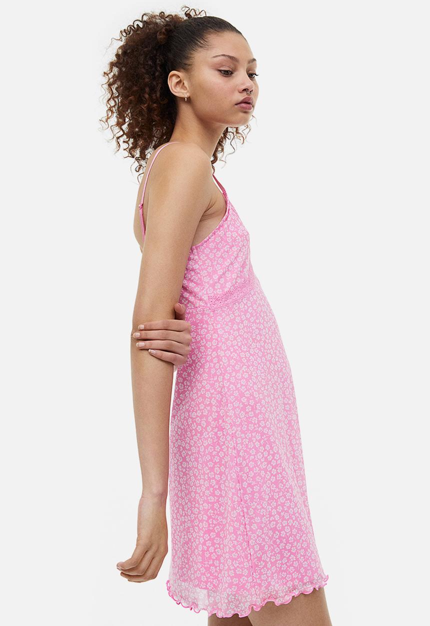 H&M - Lace-trimmed mesh dress - pink/small flowers