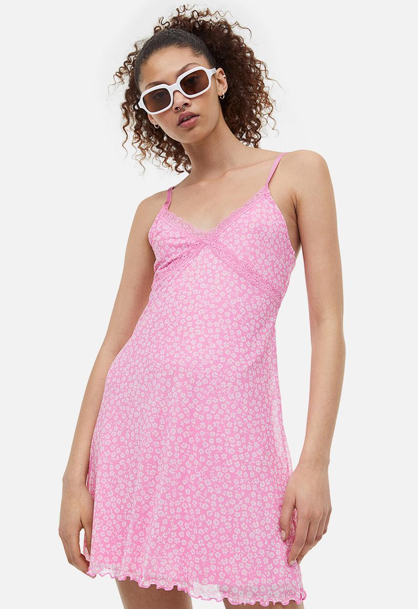 H&M - Lace-trimmed mesh dress - pink/small flowers