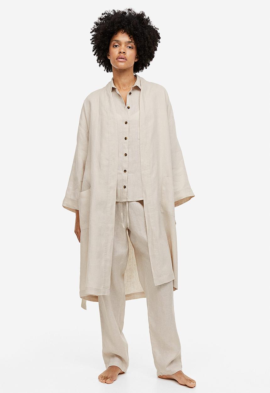 H&M - Washed linen dressing gown - light beige 