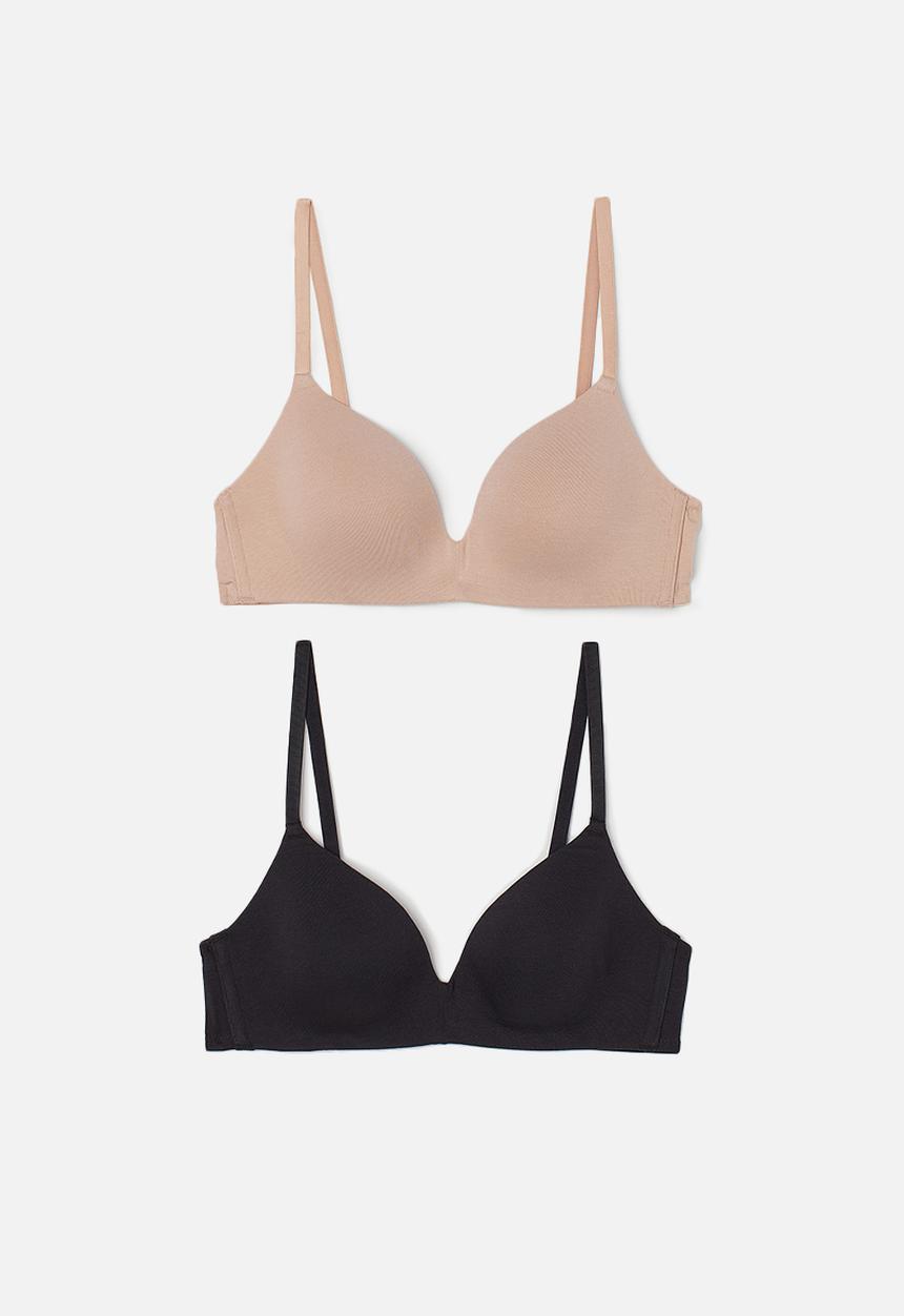 H&M - 2-pack padded cotton bras - black/light beige 