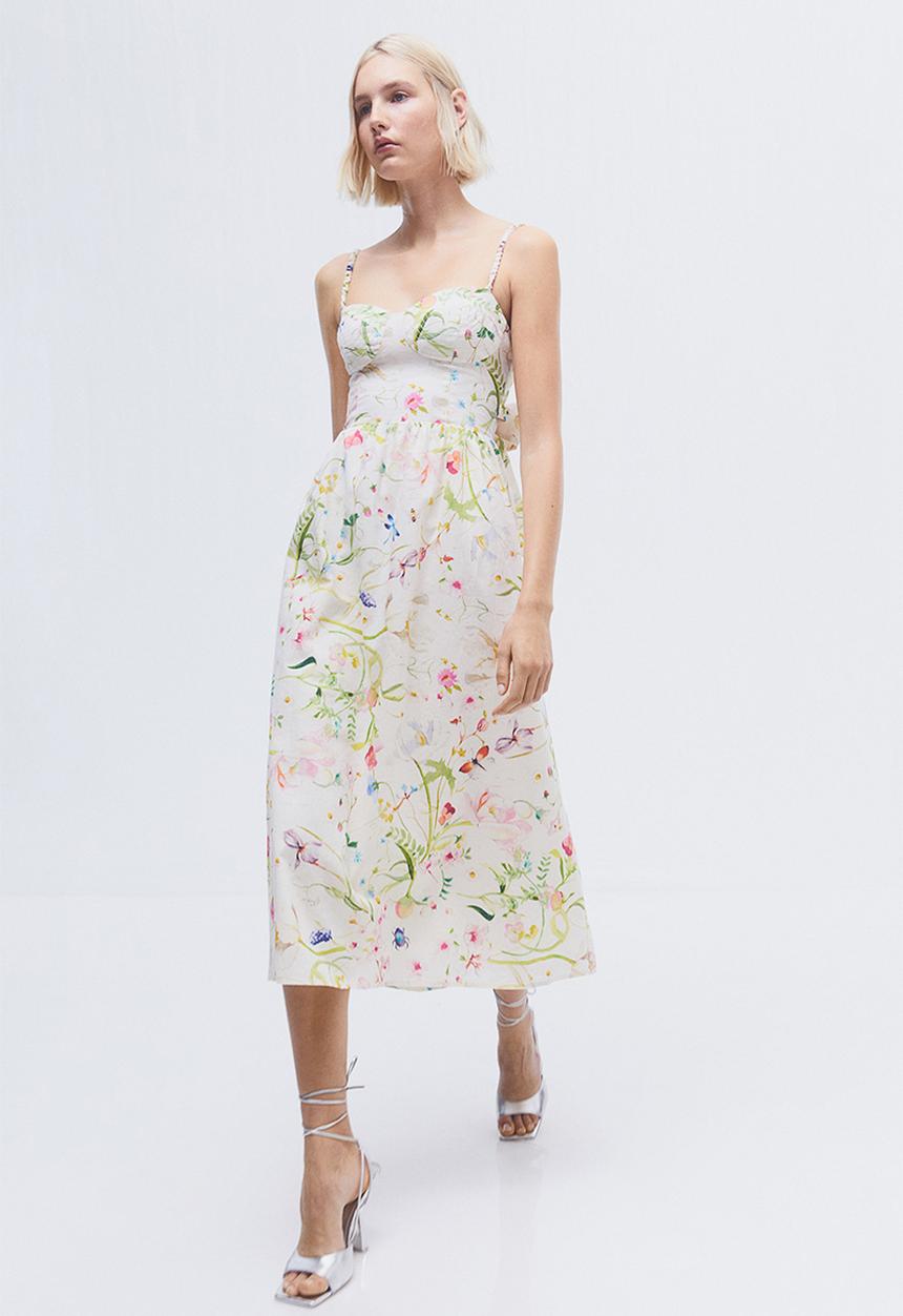 H&M - Linen-blend bow-detail dress - cream/patterned