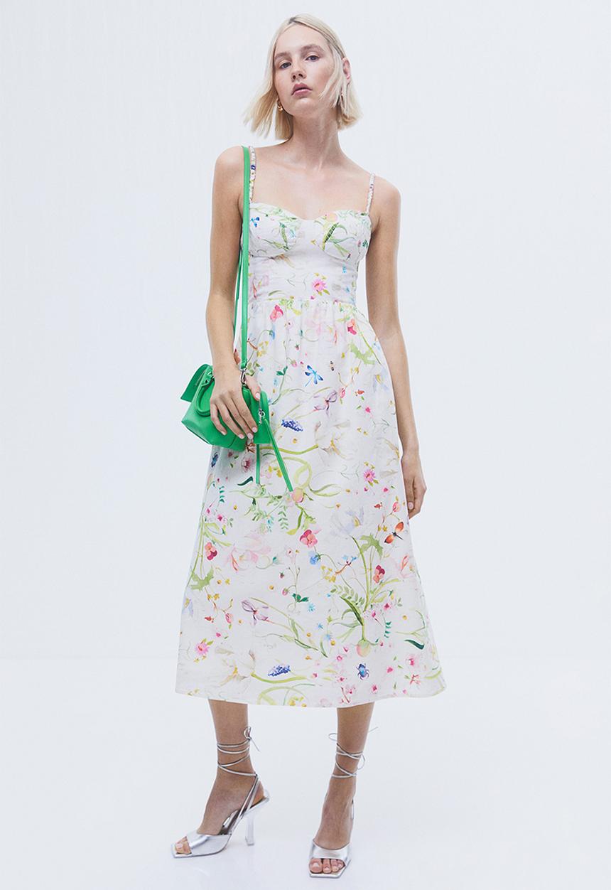 H&M - Linen-blend bow-detail dress - cream/patterned