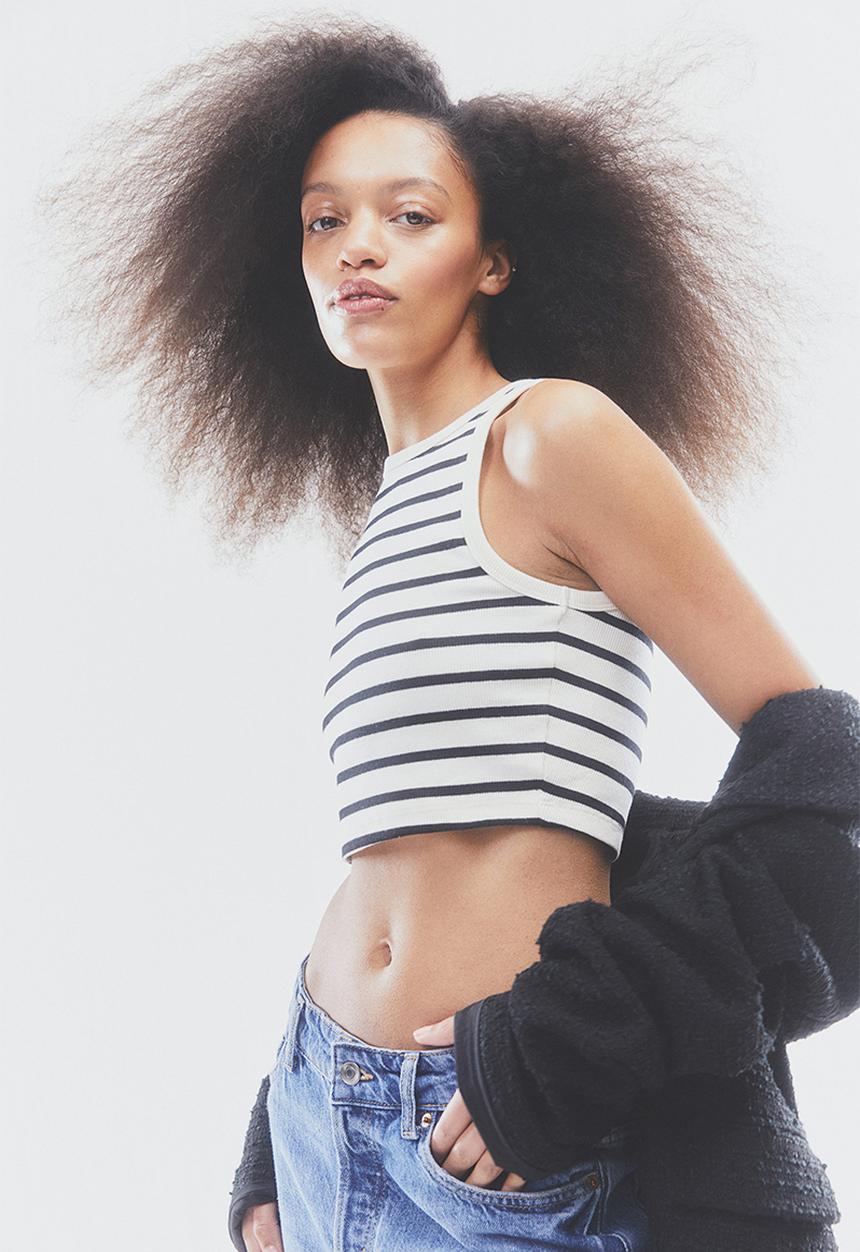 H&M - Cropped vest top - cream/black striped