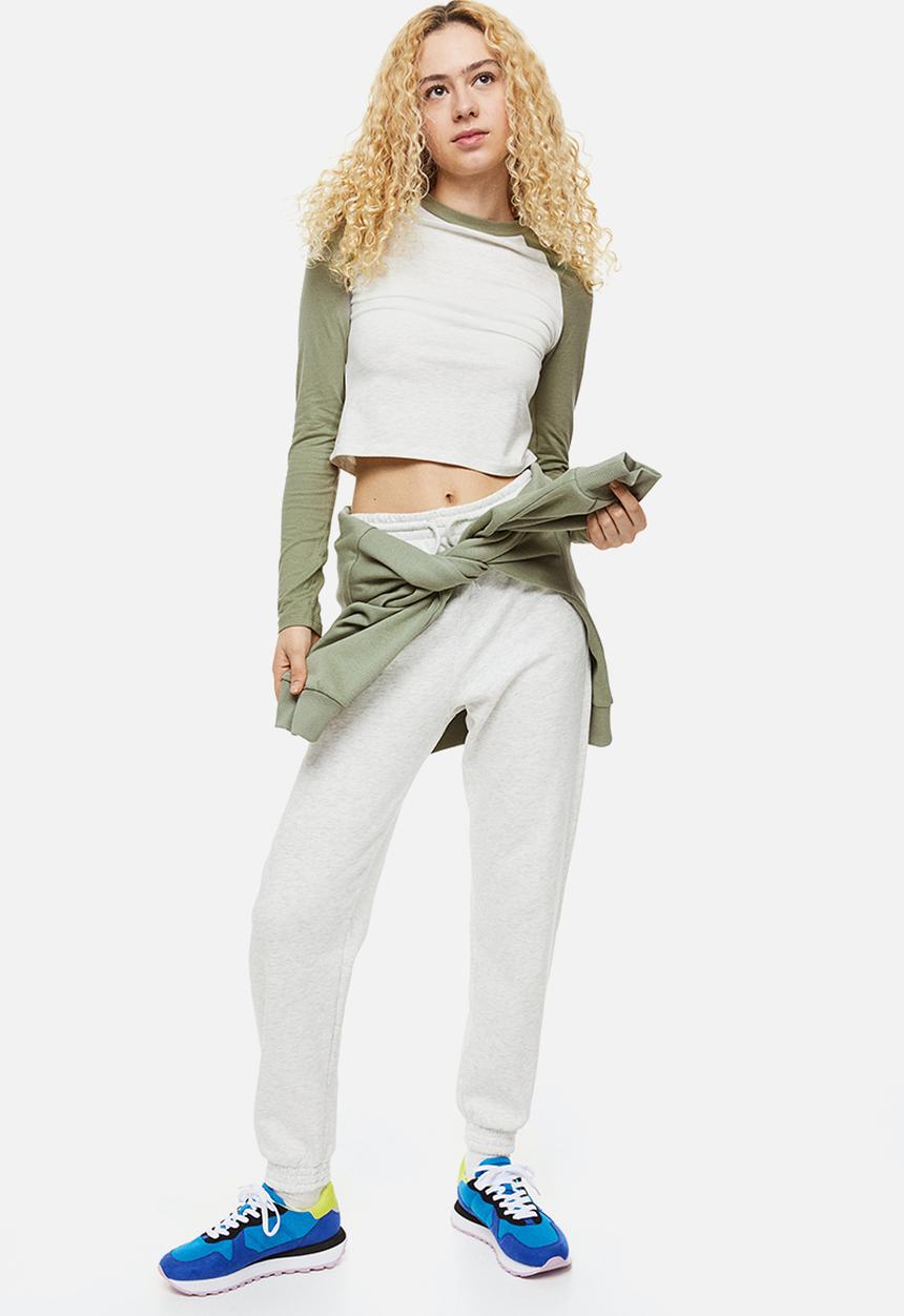 H&M - Raglan-sleeved jersey top - light khaki green/grey marl