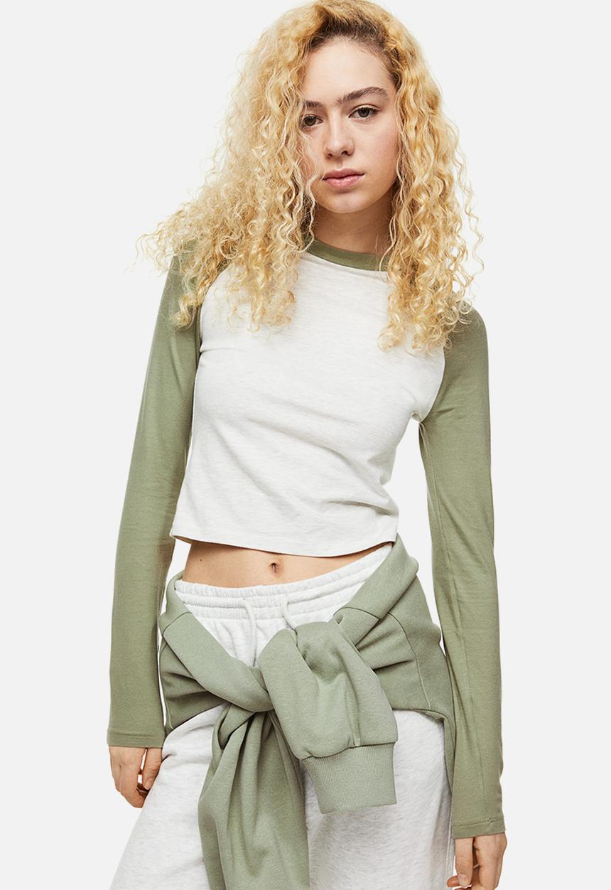 H&M - Raglan-sleeved jersey top - light khaki green/grey marl