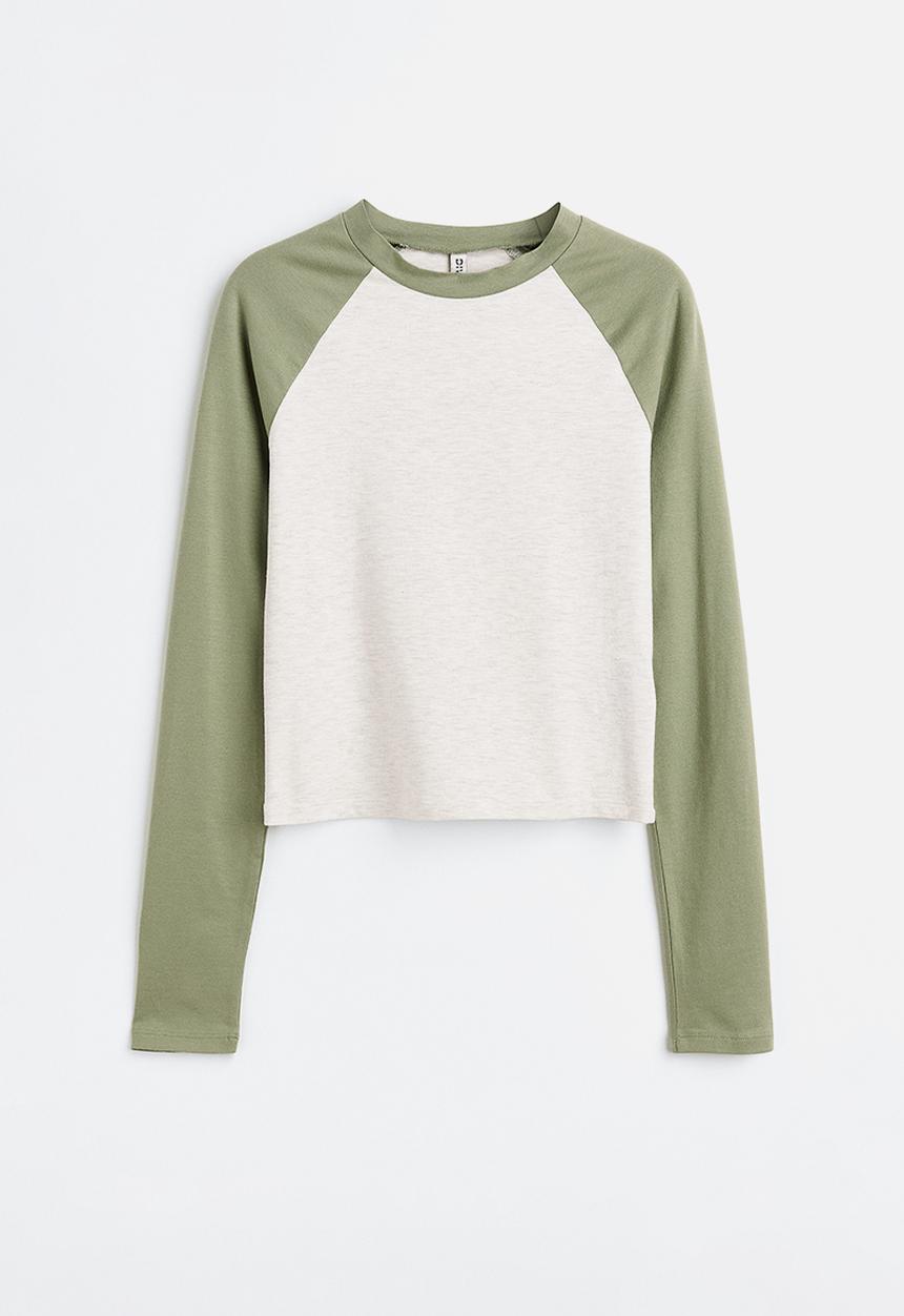 H&M - Raglan-sleeved jersey top - light khaki green/grey marl