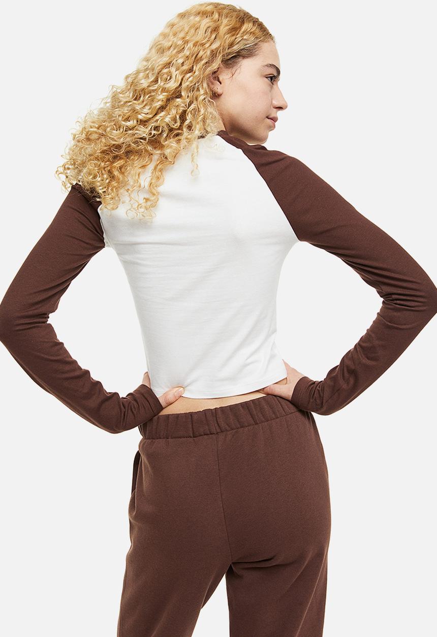 H&M - Raglan-sleeved jersey top - dark brown/white