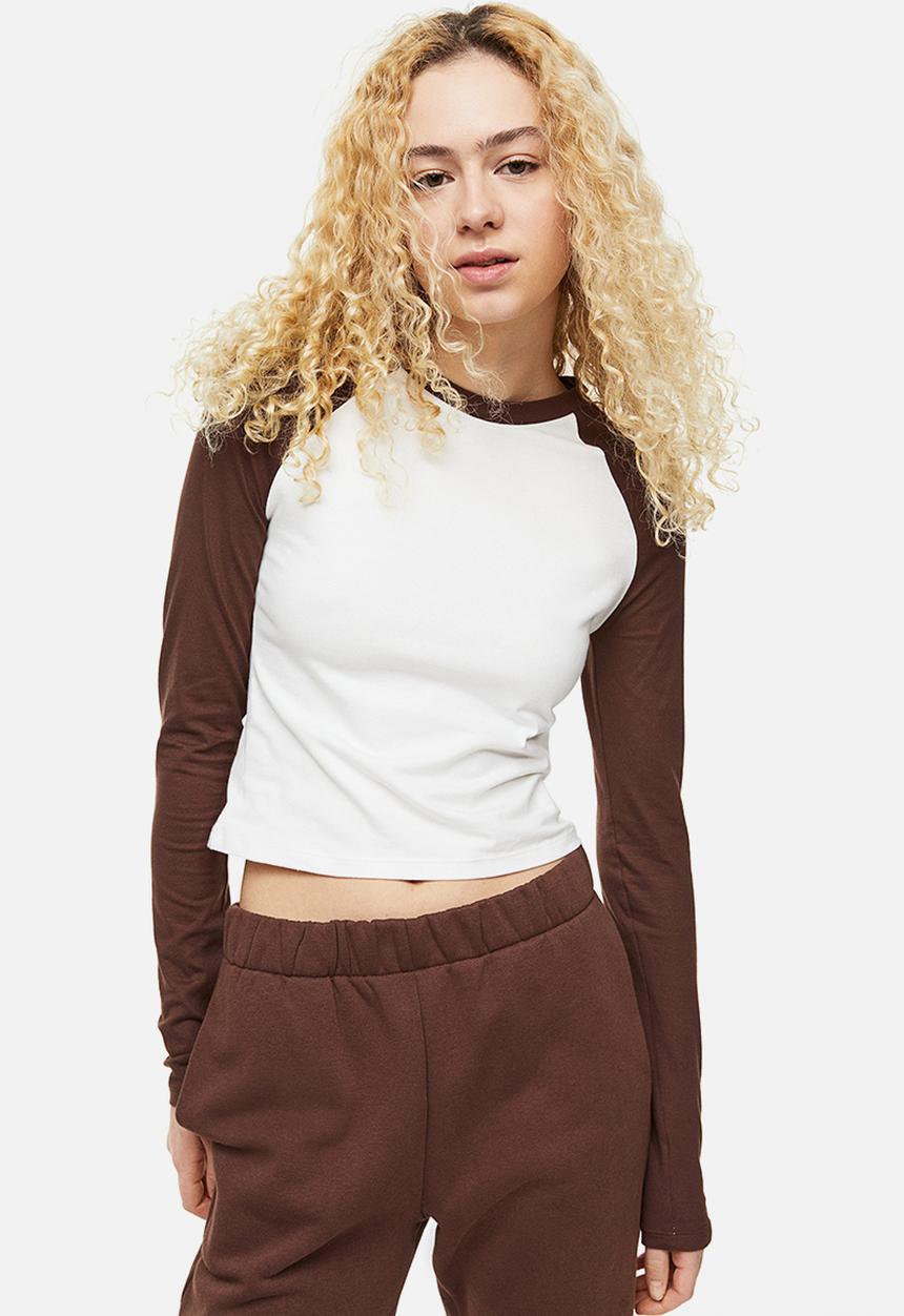 H&M - Raglan-sleeved jersey top - dark brown/white
