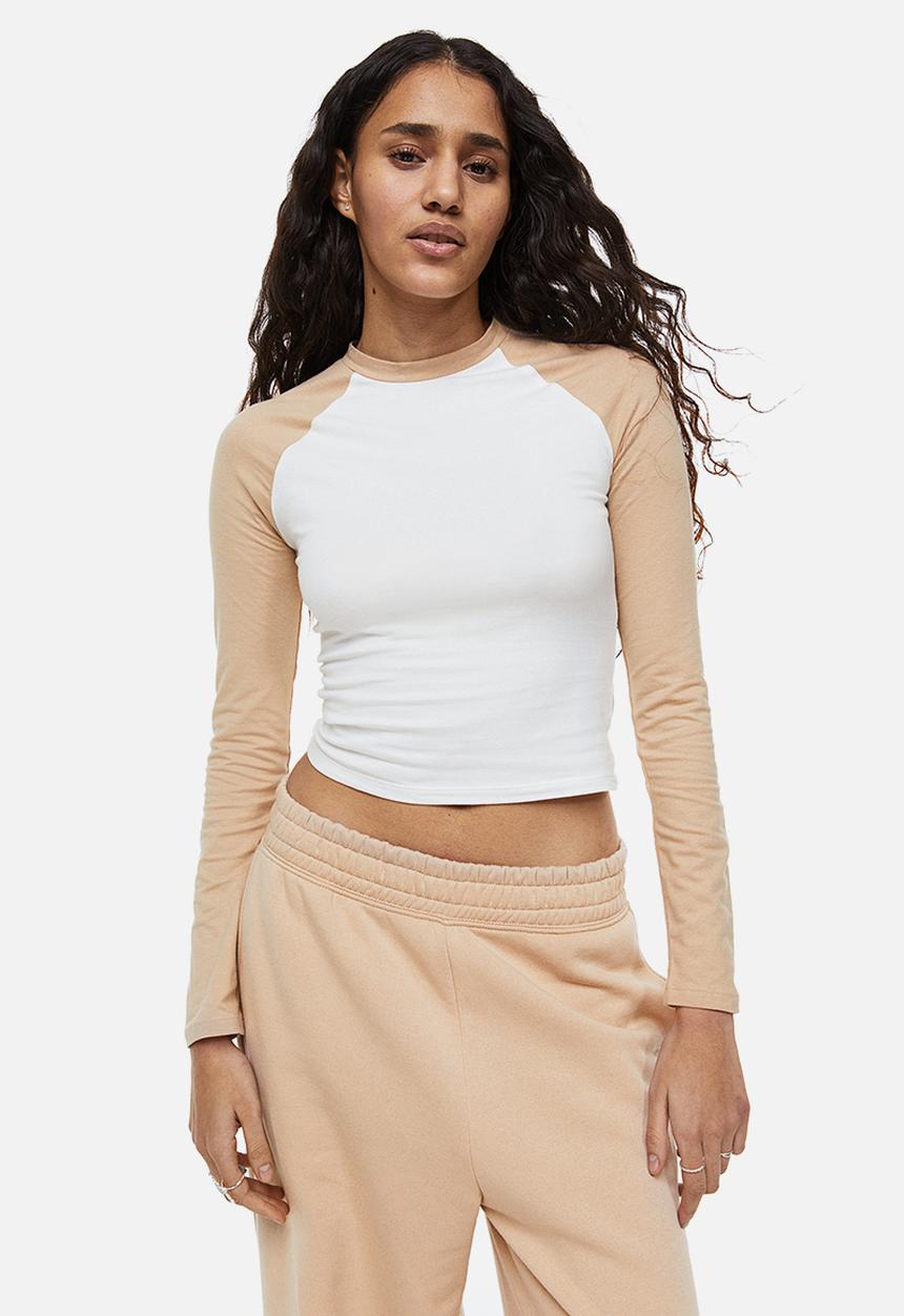 H&M - Raglan-sleeved jersey top - beige/white