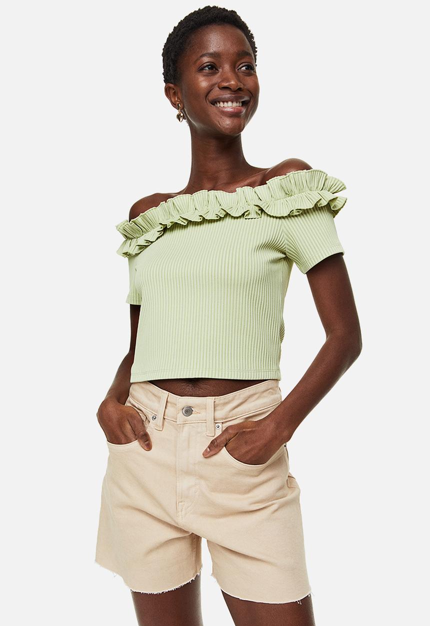 H&M - Frill-trimmed off-the-shoulder top - light green