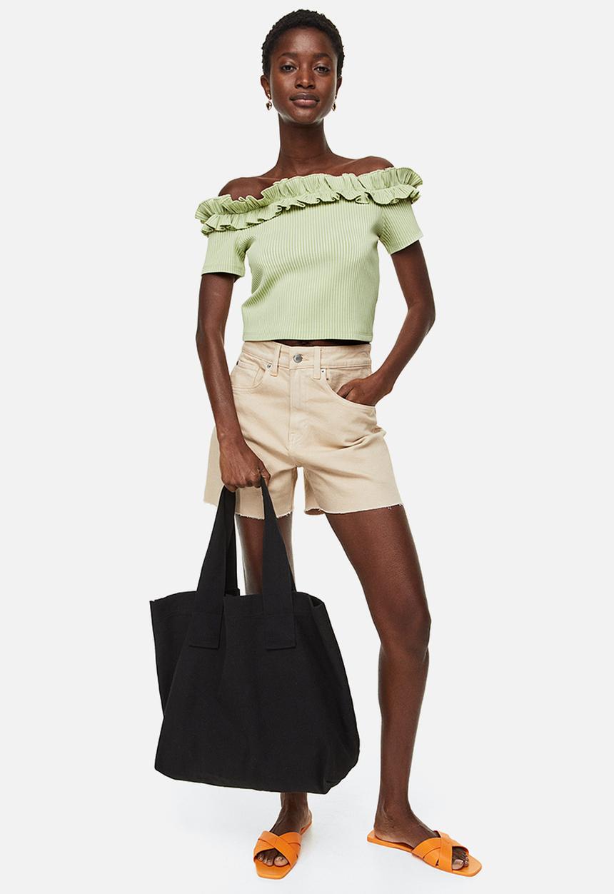 H&M - Frill-trimmed off-the-shoulder top - light green