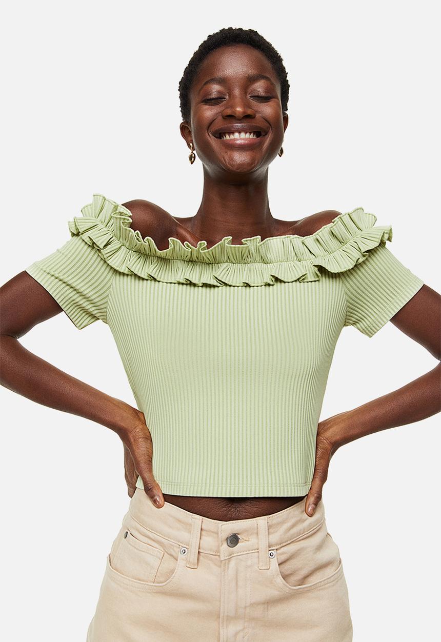 H&M - Frill-trimmed off-the-shoulder top - light green