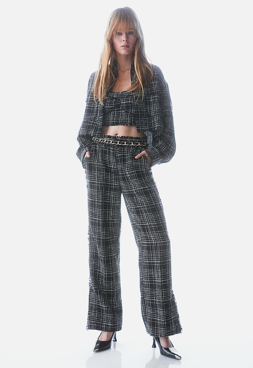 H&M - Fringe-trimmed crop top - black/checked