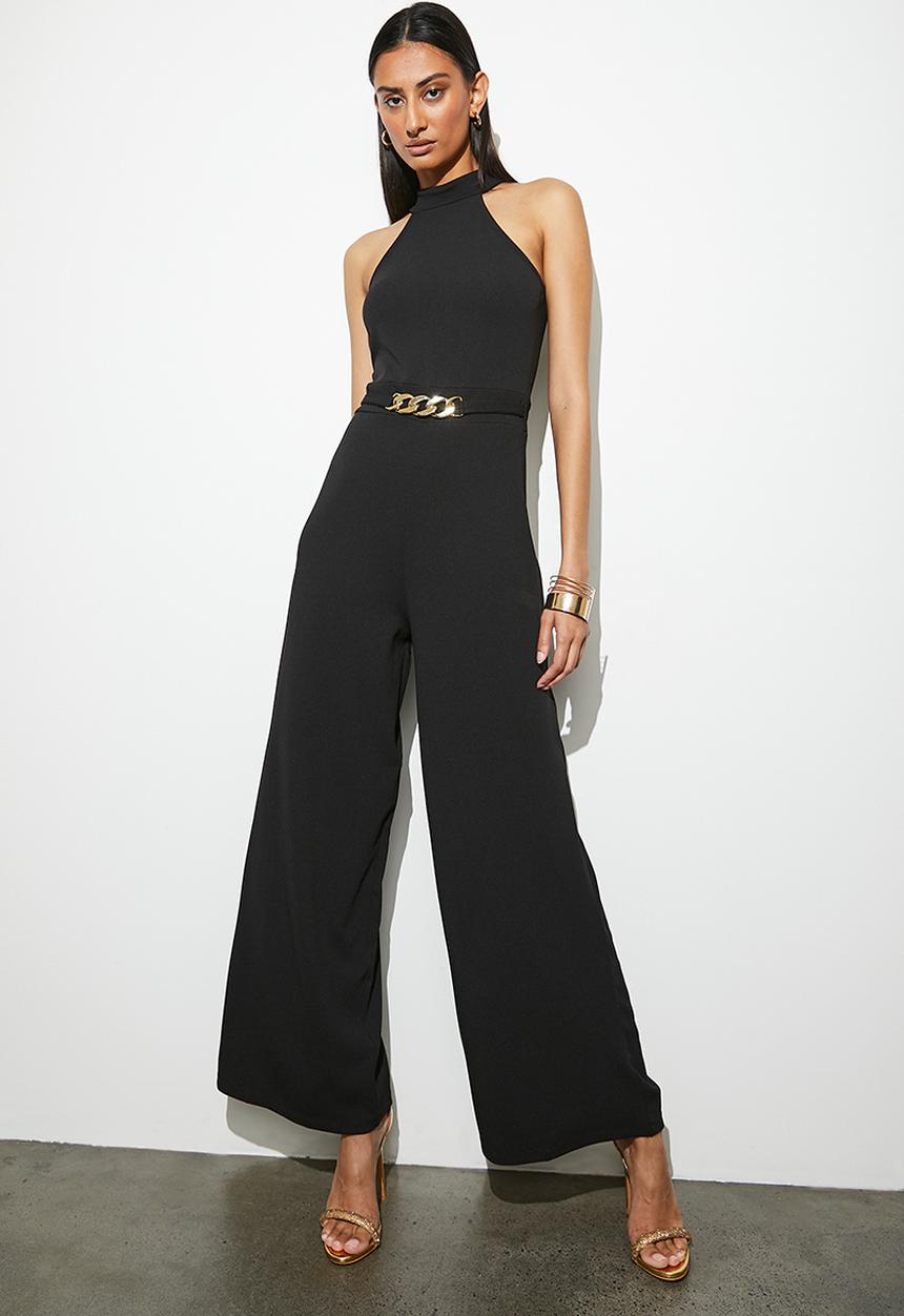 VELVET - Halter neck jumpsuit with chain detail - black