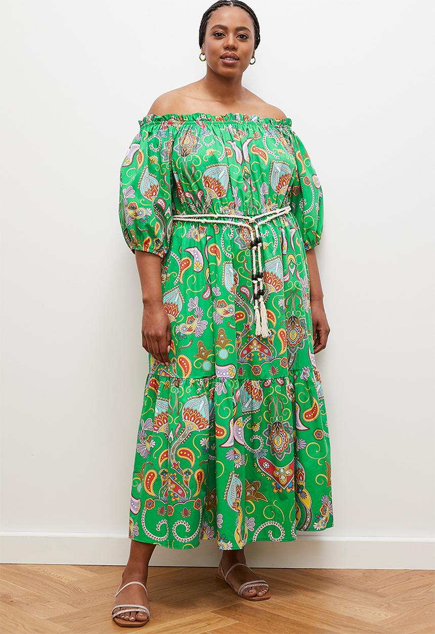 edit - Off shoulder maxi with contrast tie -green detailed folk print