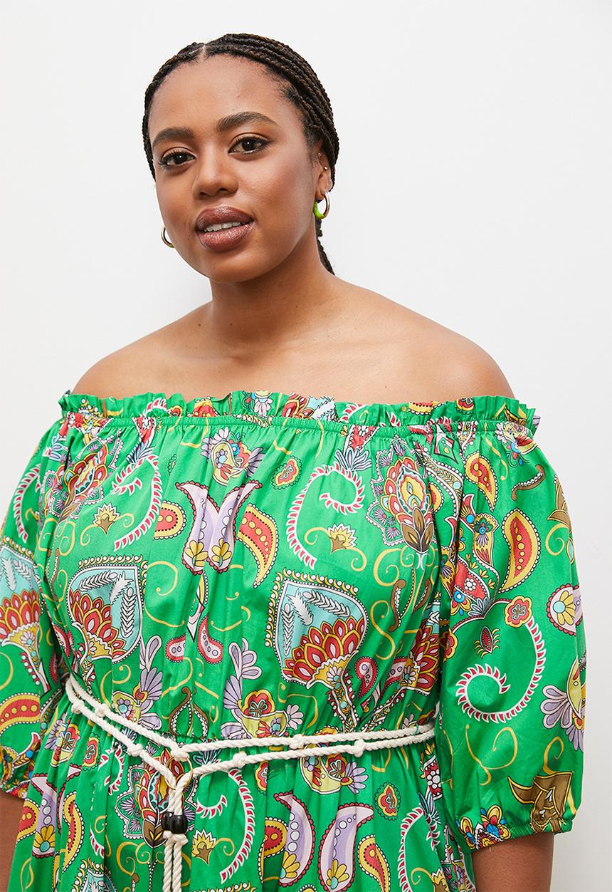 edit - Off shoulder maxi with contrast tie -green detailed folk print