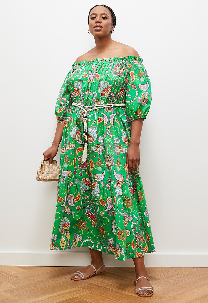 edit - Off shoulder maxi with contrast tie -green detailed folk print