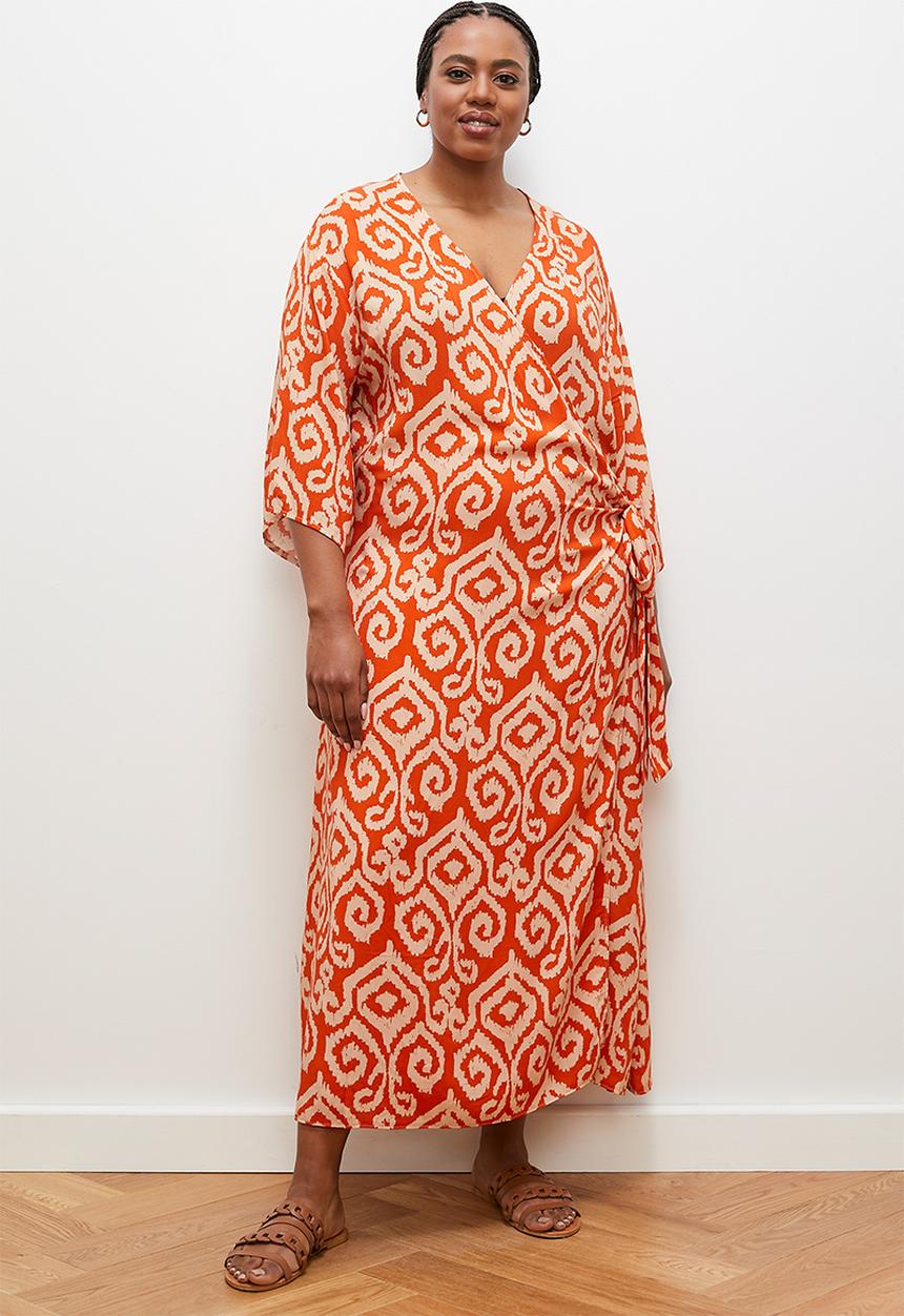 edit - Printed midi wrap dress - orange ikat
