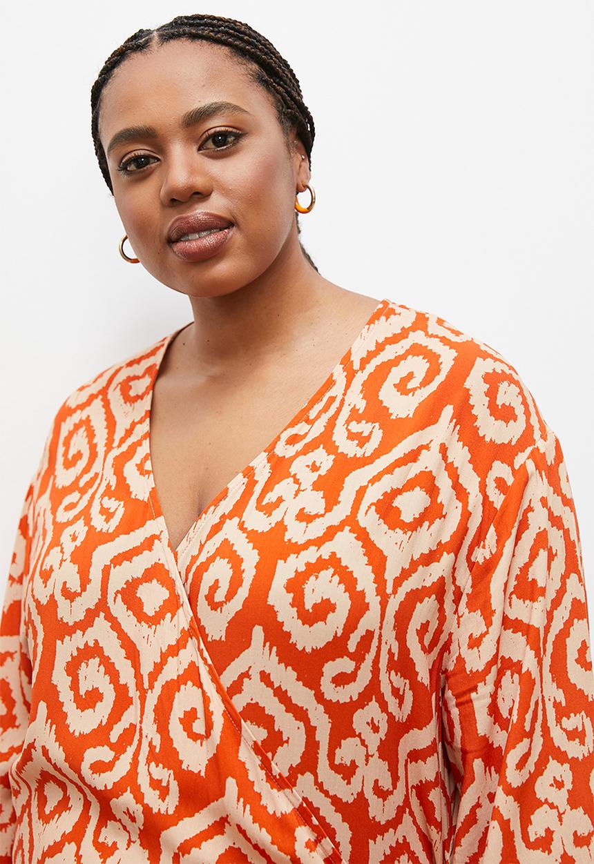 edit - Printed midi wrap dress - orange ikat