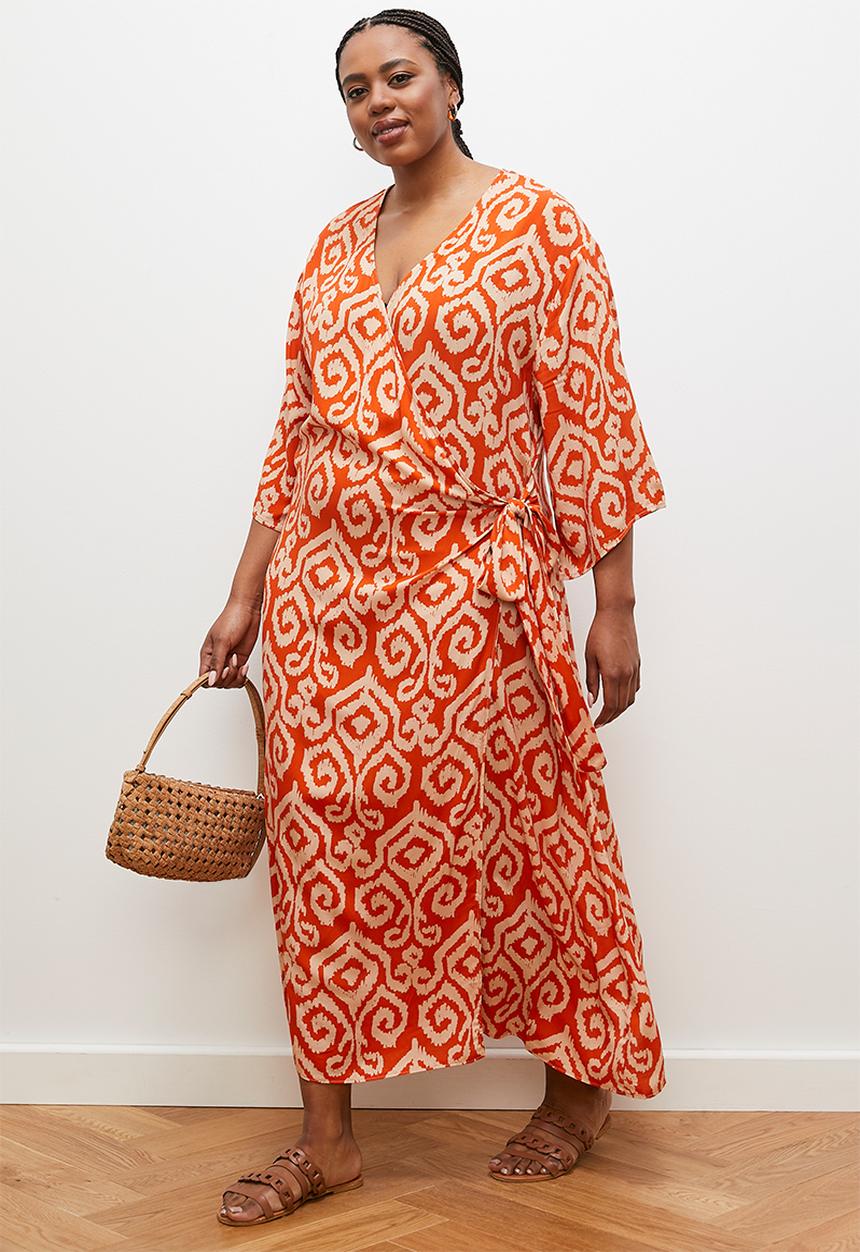 edit - Printed midi wrap dress - orange ikat