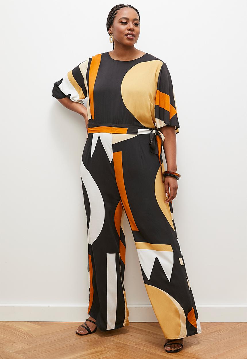edit - Boxy shell belt jumpsuit - black & neutral geo