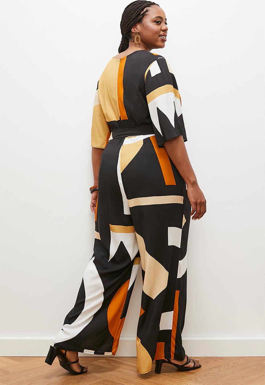 edit - Boxy shell belt jumpsuit - black & neutral geo