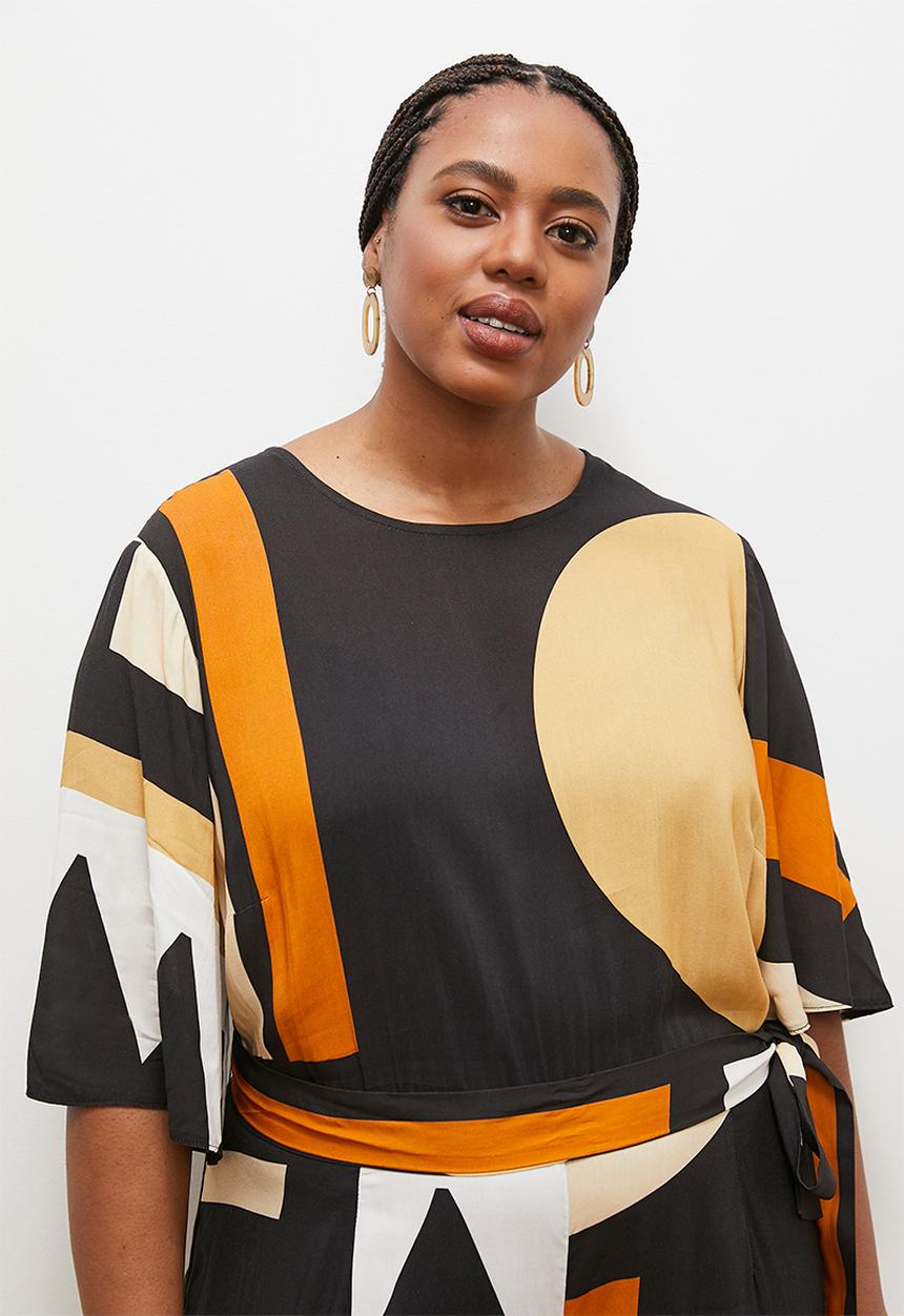 edit - Boxy shell belt jumpsuit - black & neutral geo