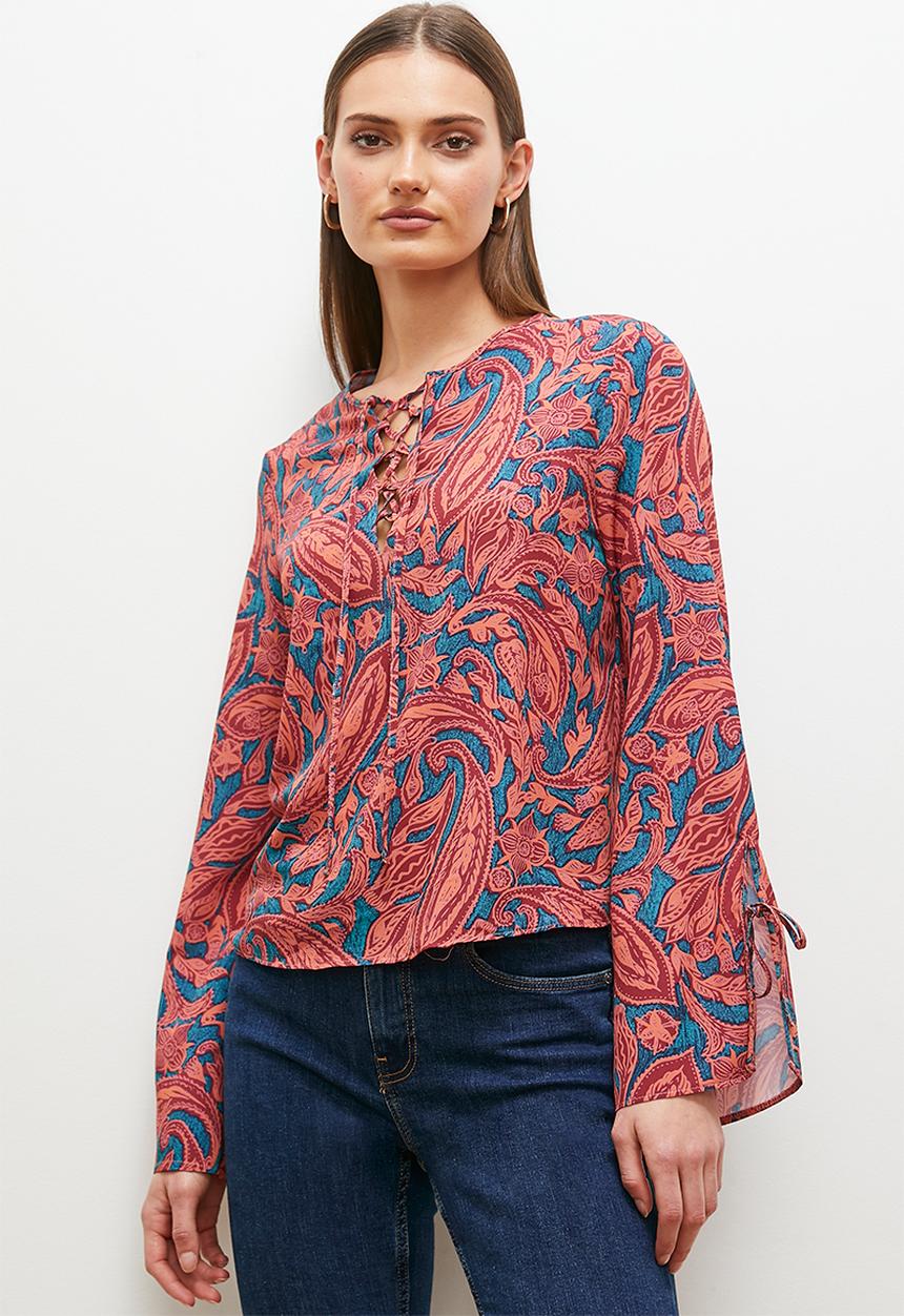 edit - front lace up blouse - orange paisley