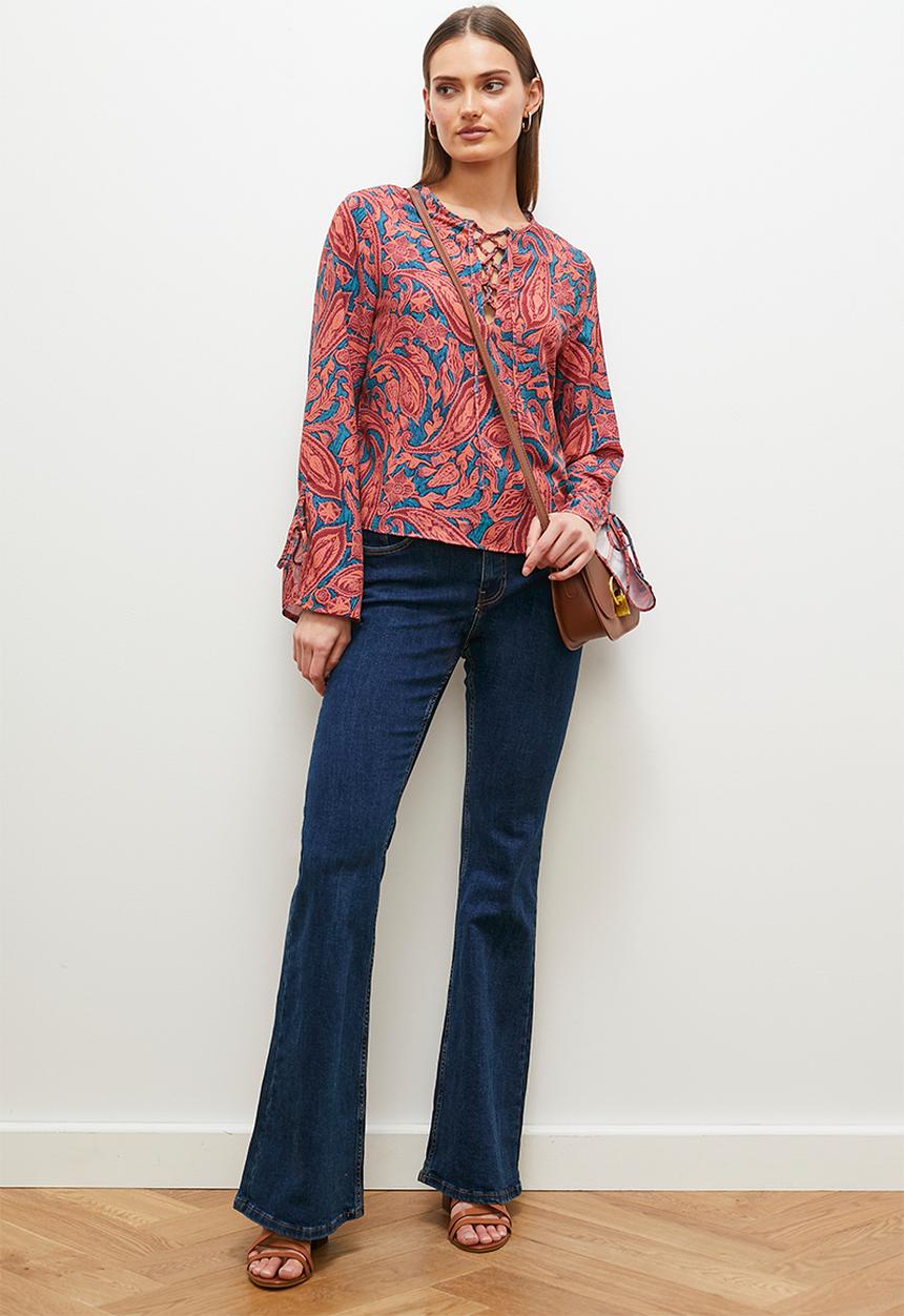 edit - front lace up blouse - orange paisley