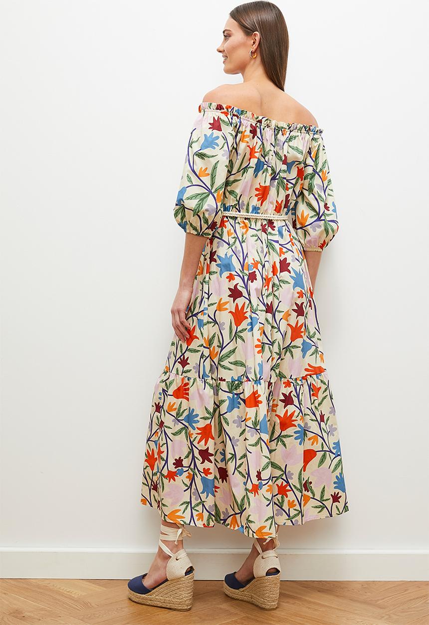 edit - Off shoulder maxi with contrast tie - ecru spring