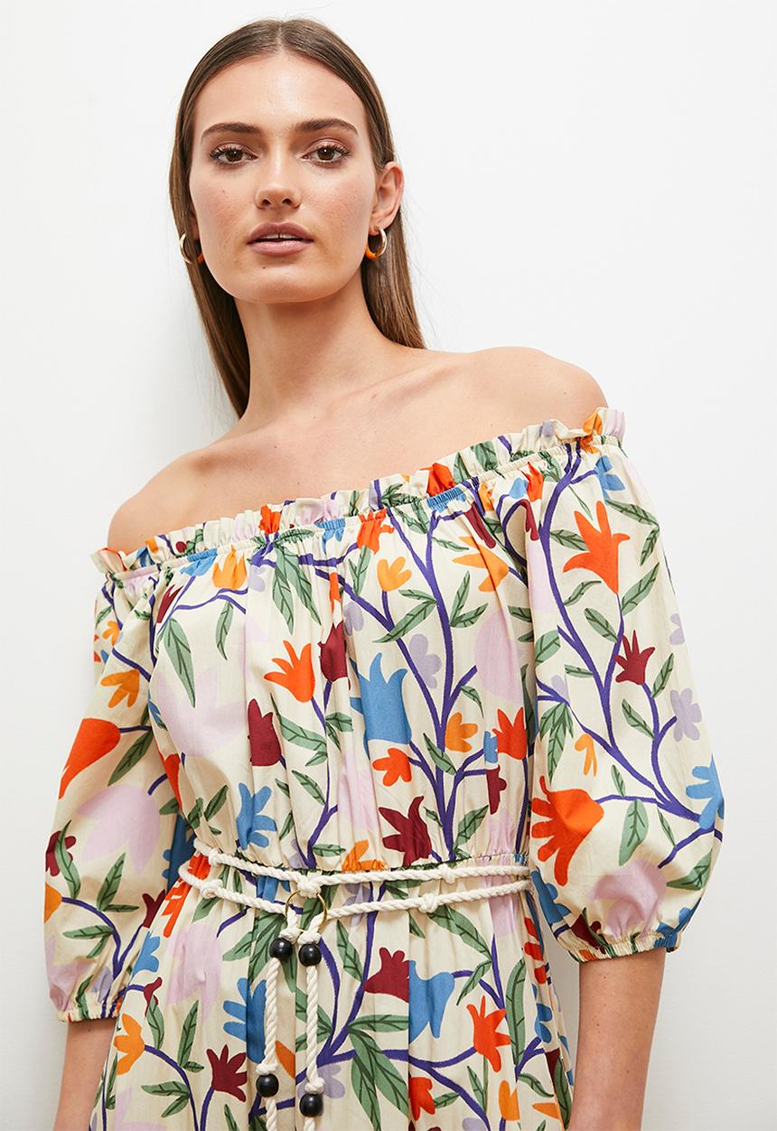 edit - Off shoulder maxi with contrast tie - ecru spring