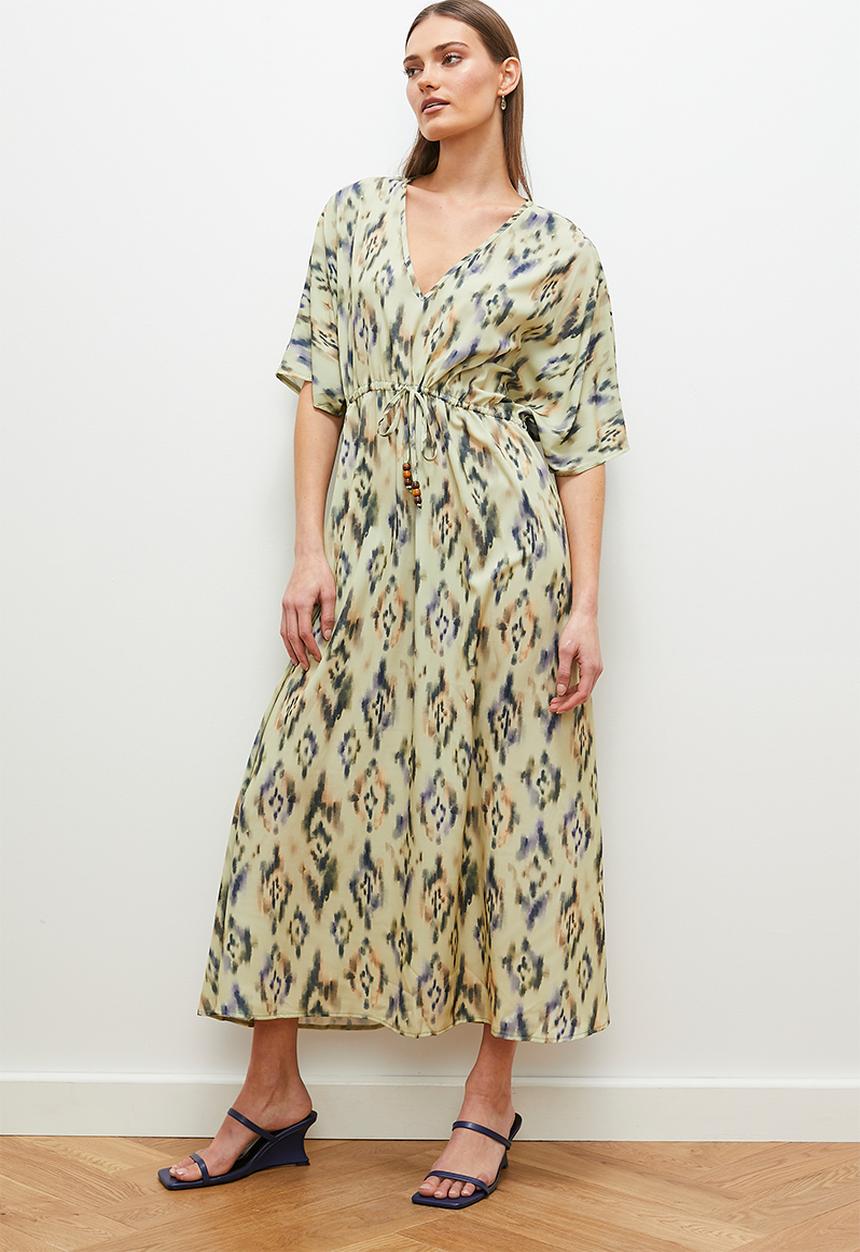 edit - Kaftan dress with tie detail - green ikat