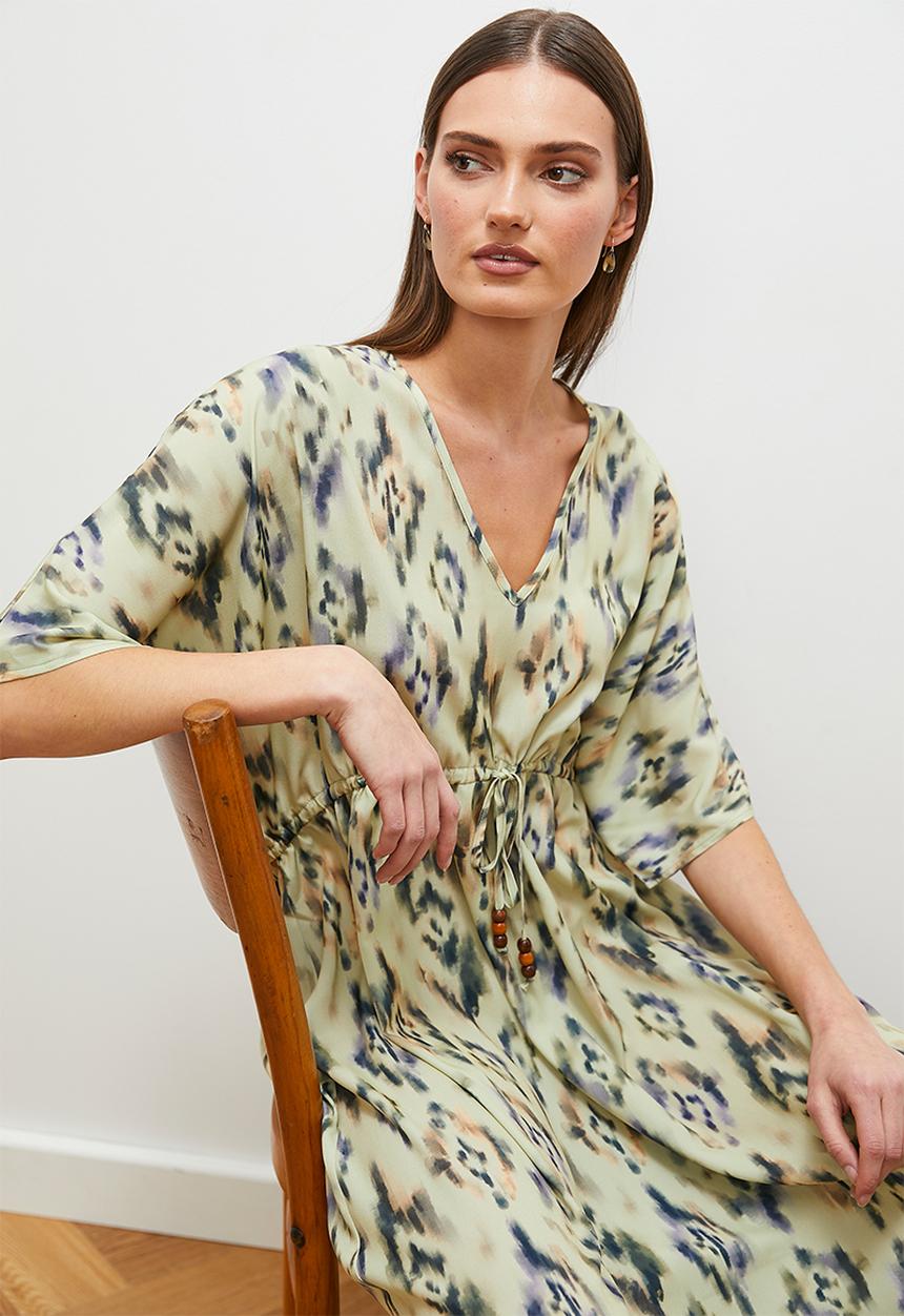 edit - Kaftan dress with tie detail - green ikat