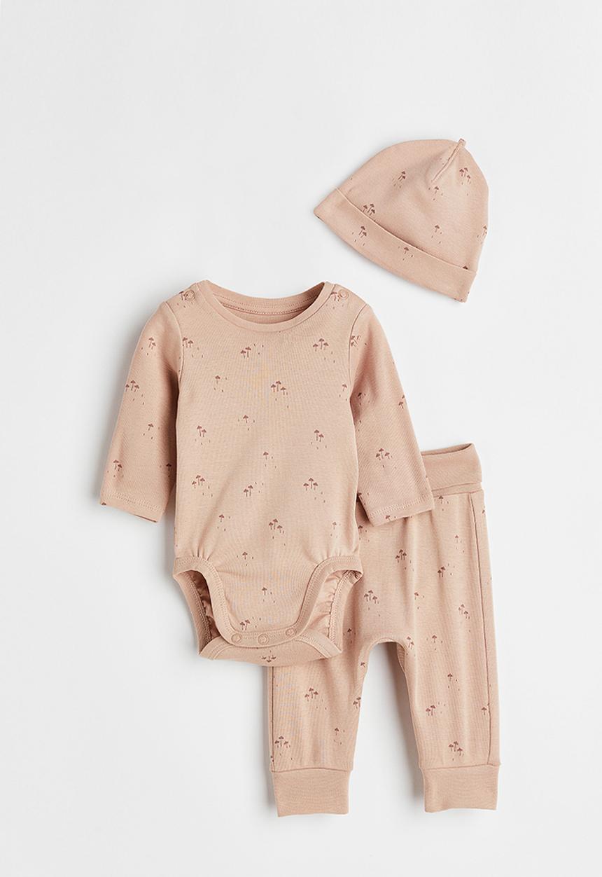 H&M - 3-Piece cotton set - beige/mushrooms 