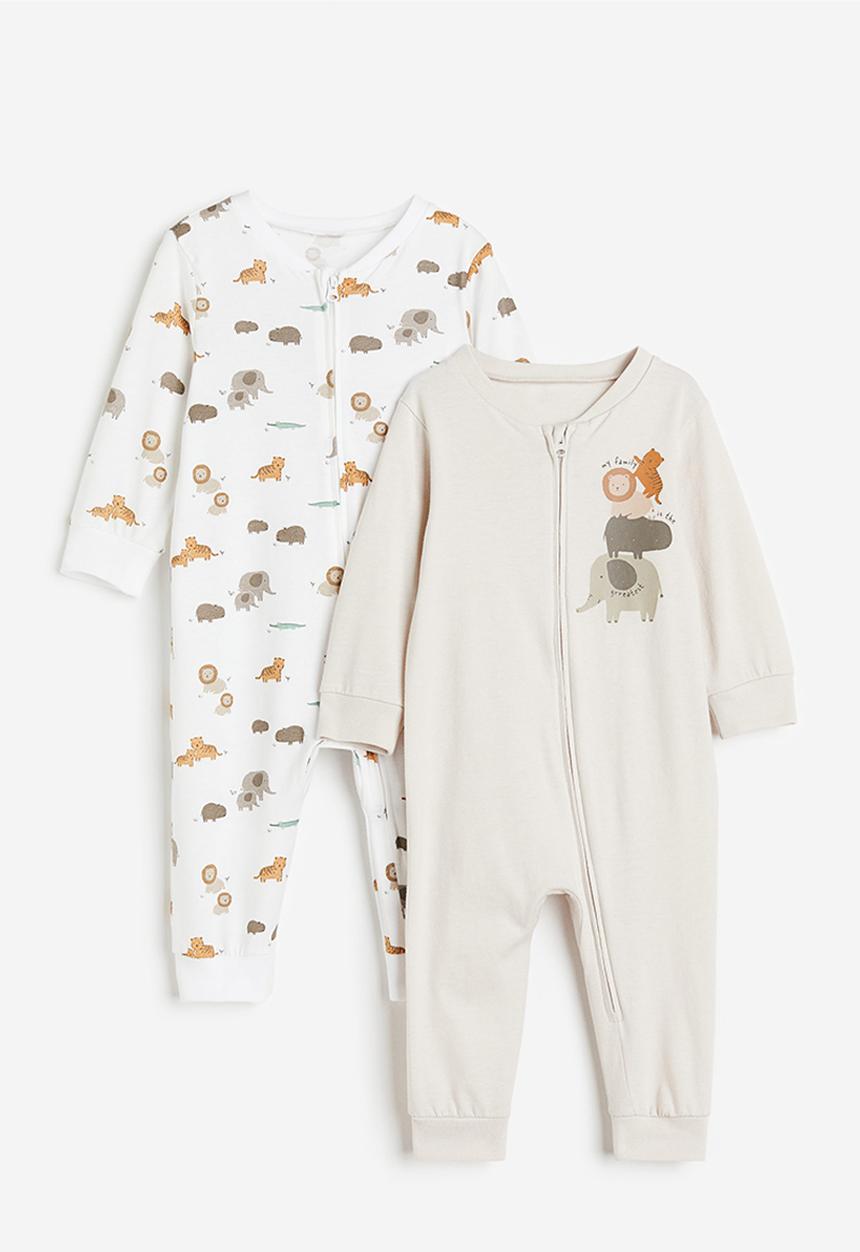 H&M - 2-Pack patterned cotton pyjamas - light greige/animals 