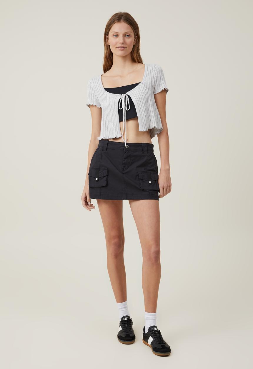 Cotton On - Rib tie front short sleeve cardigan - soft grey marle