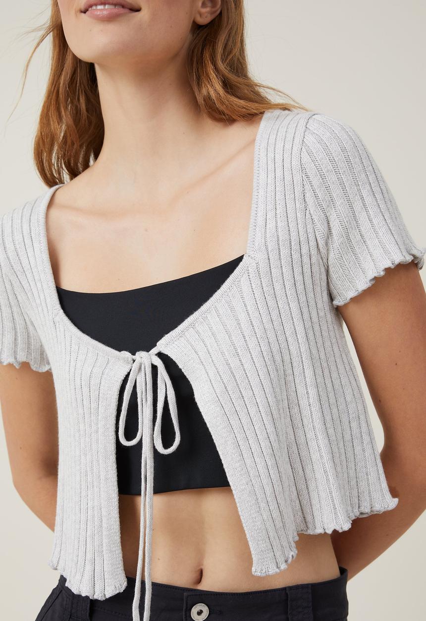 Cotton On - Rib tie front short sleeve cardigan - soft grey marle