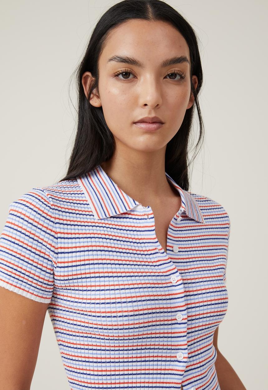 Short sleeve rib button polo - blue stripe