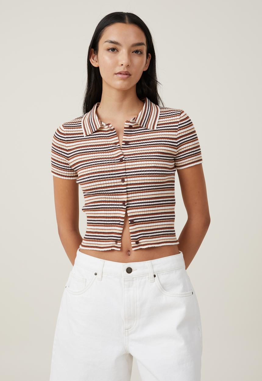 Short sleeve rib button polo - neutral stripe