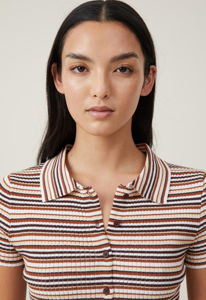 Short sleeve rib button polo - neutral stripe